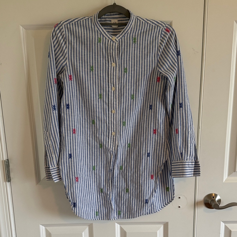GAP Size XS Linen Cotton Blend Colorful Embroidered Blue Striped Tunic - Picture 2 of 8